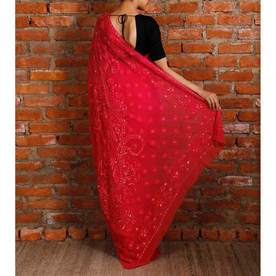 Saree Georgette rose avec Chikankari (100000029924)