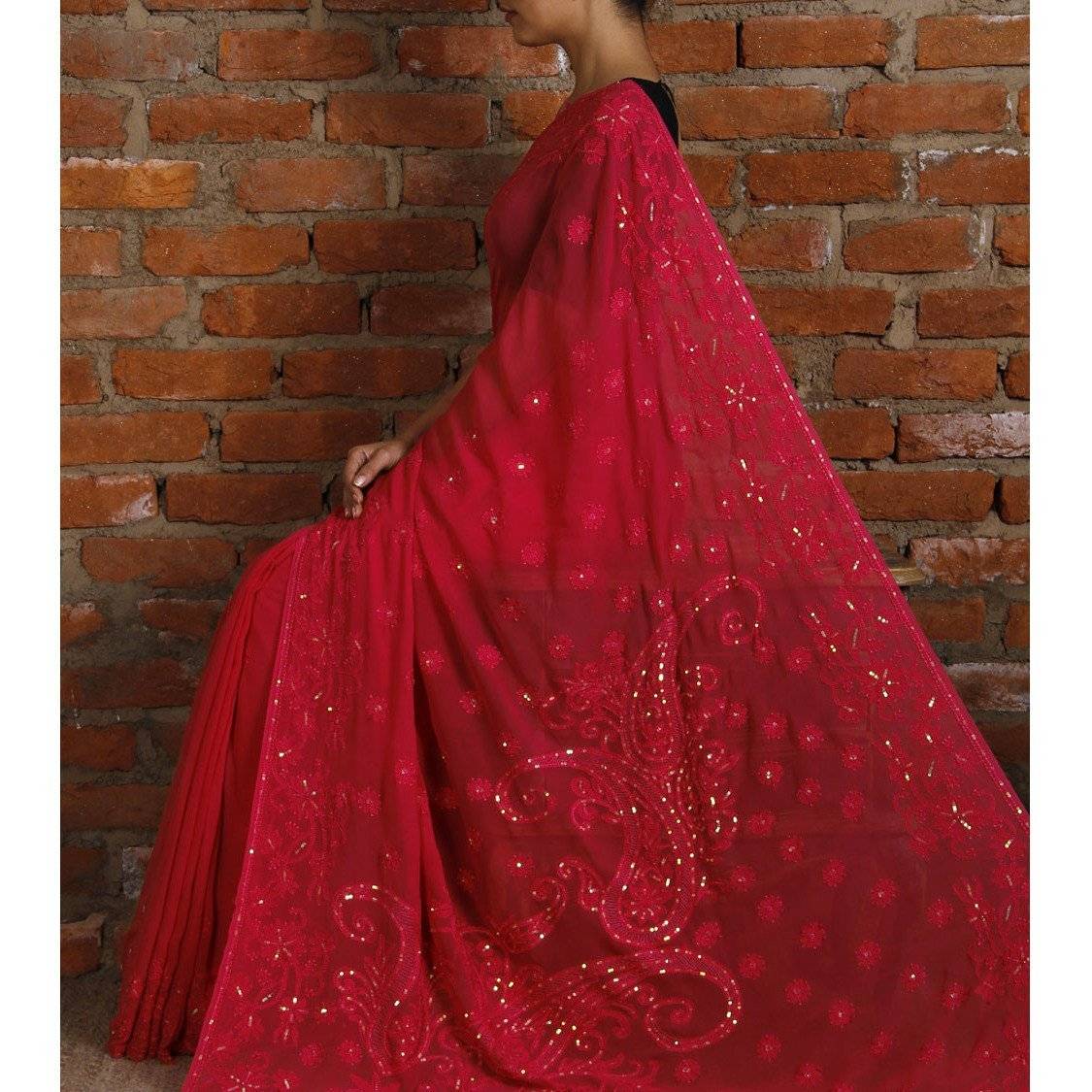 Rosa Georgette-Sari mit Chikankari (100000029924)