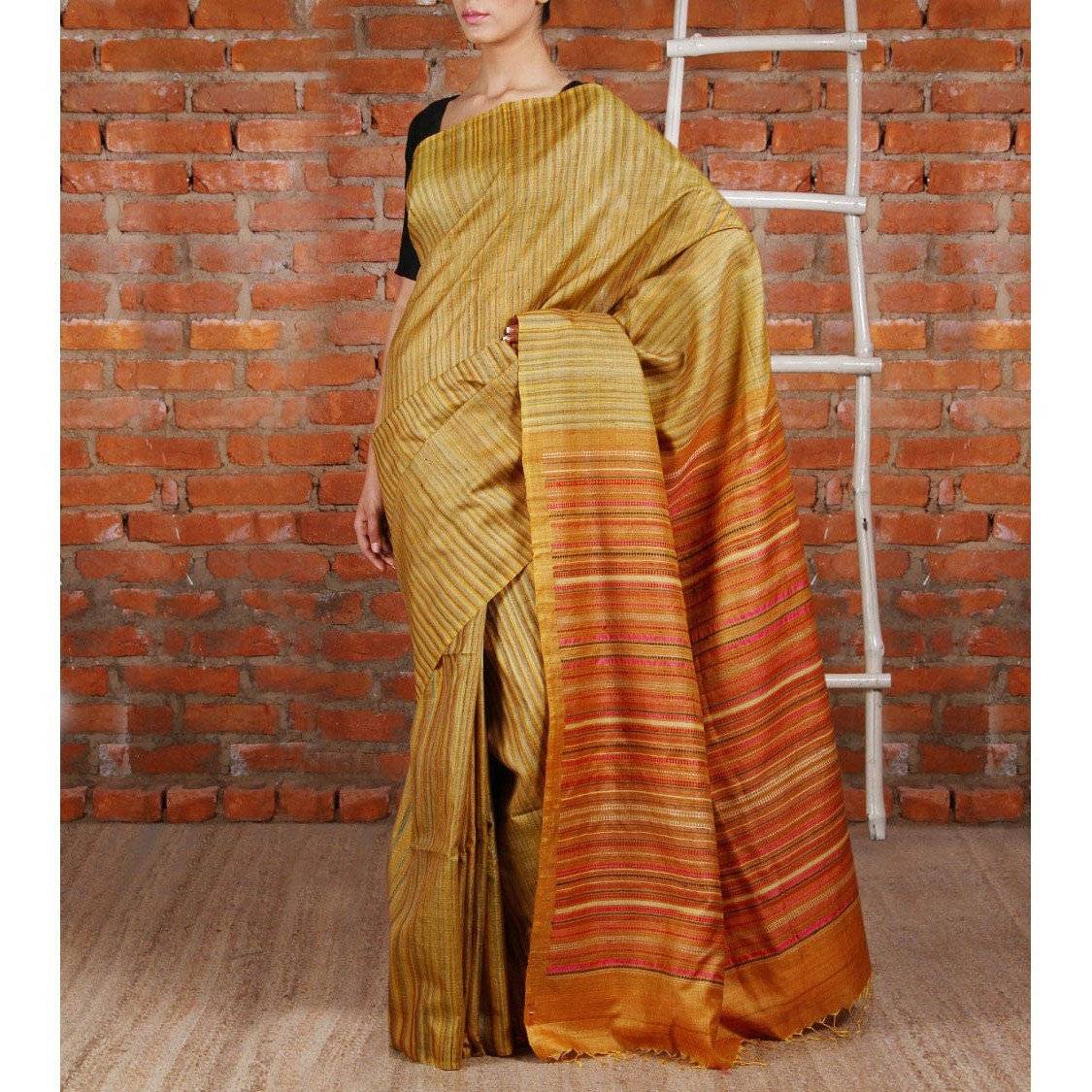 Saree en soie Tussar Ikat moutarde