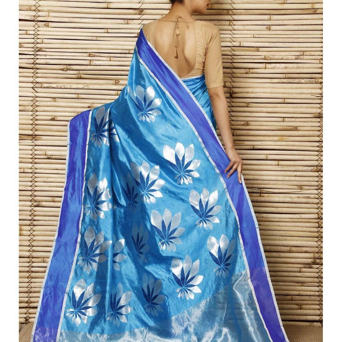 Sari Booti Chanderi en soie turquoise à grandes fleurs