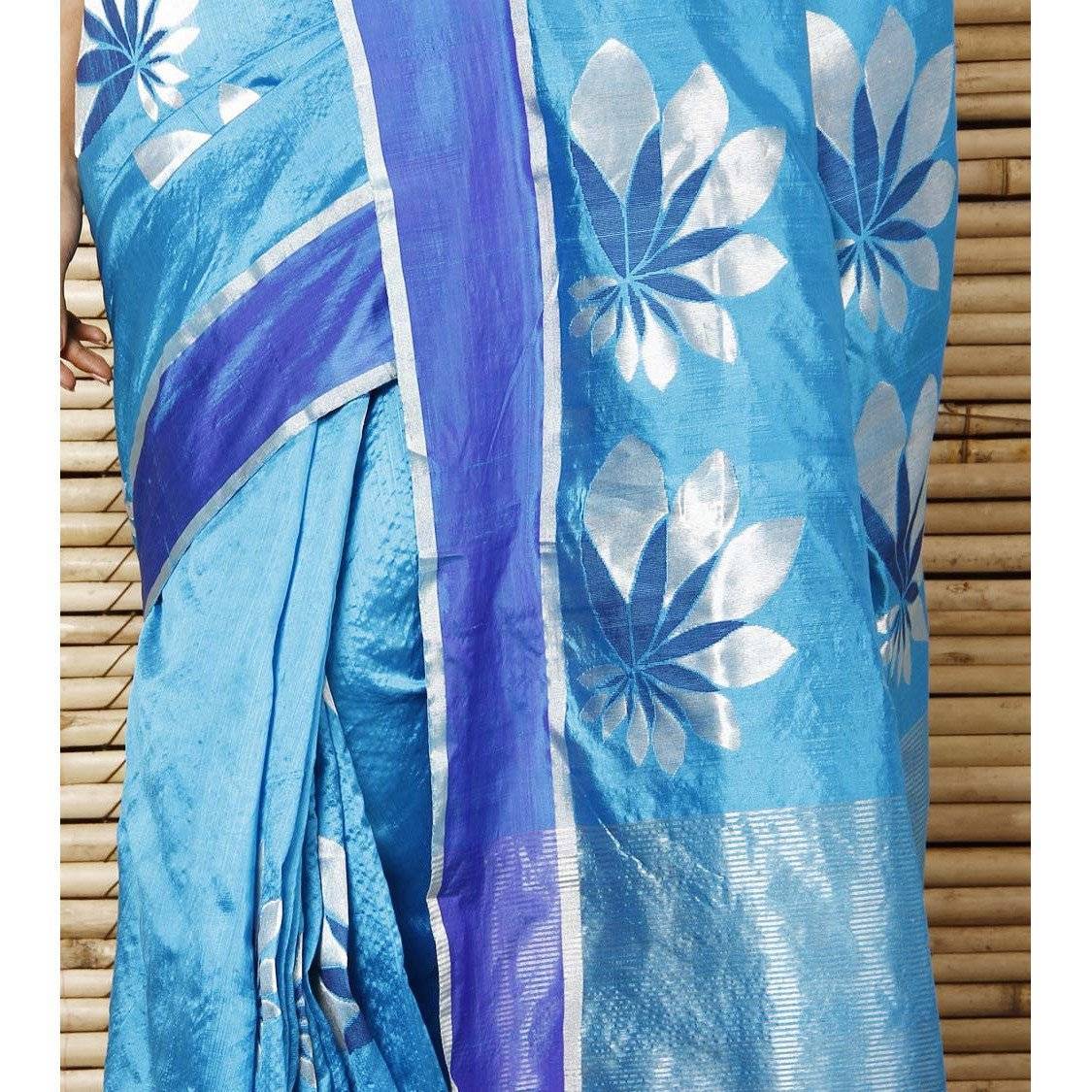 Sari Booti Chanderi en soie turquoise à grandes fleurs