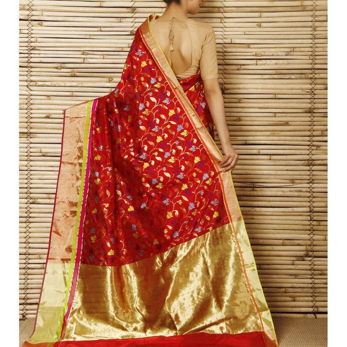 Red Silk Phool Meena Jaal Chanderi Saree