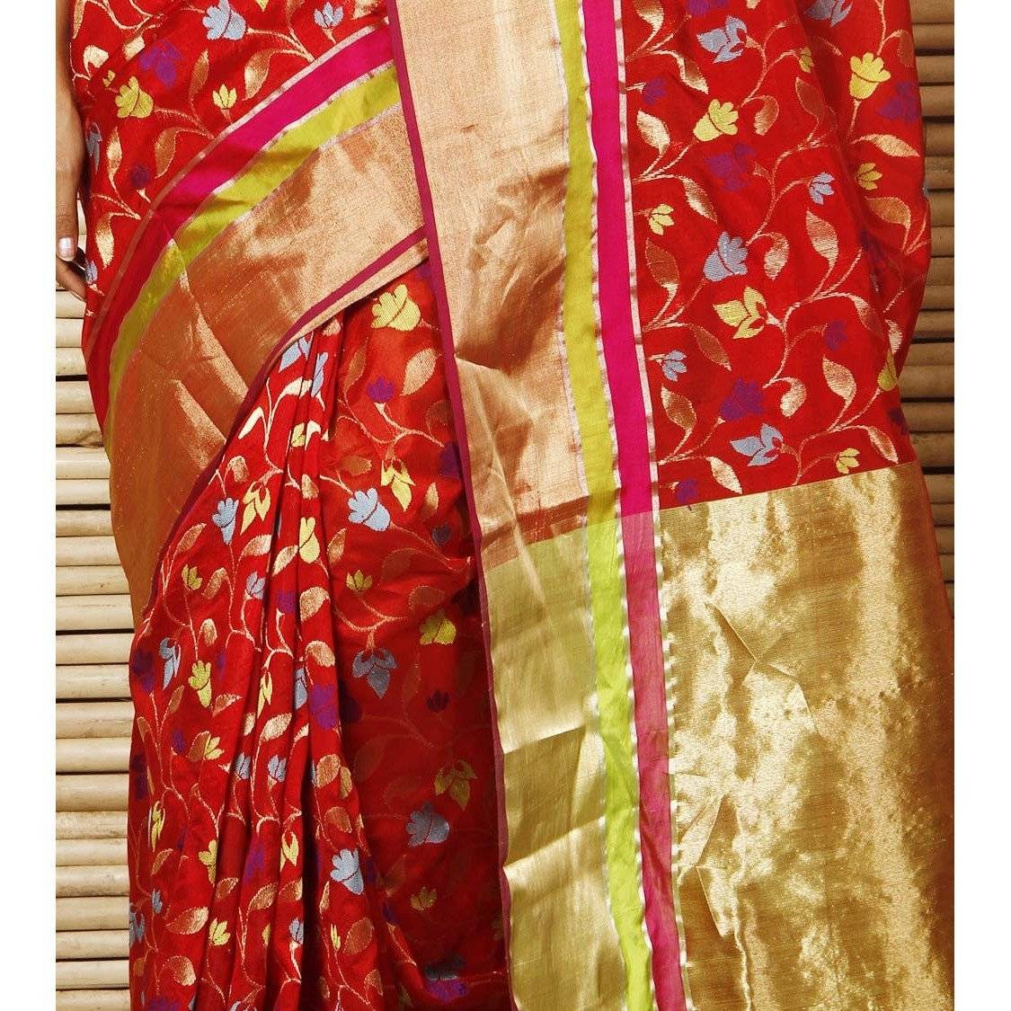 Red Silk Phool Meena Jaal Chanderi Saree