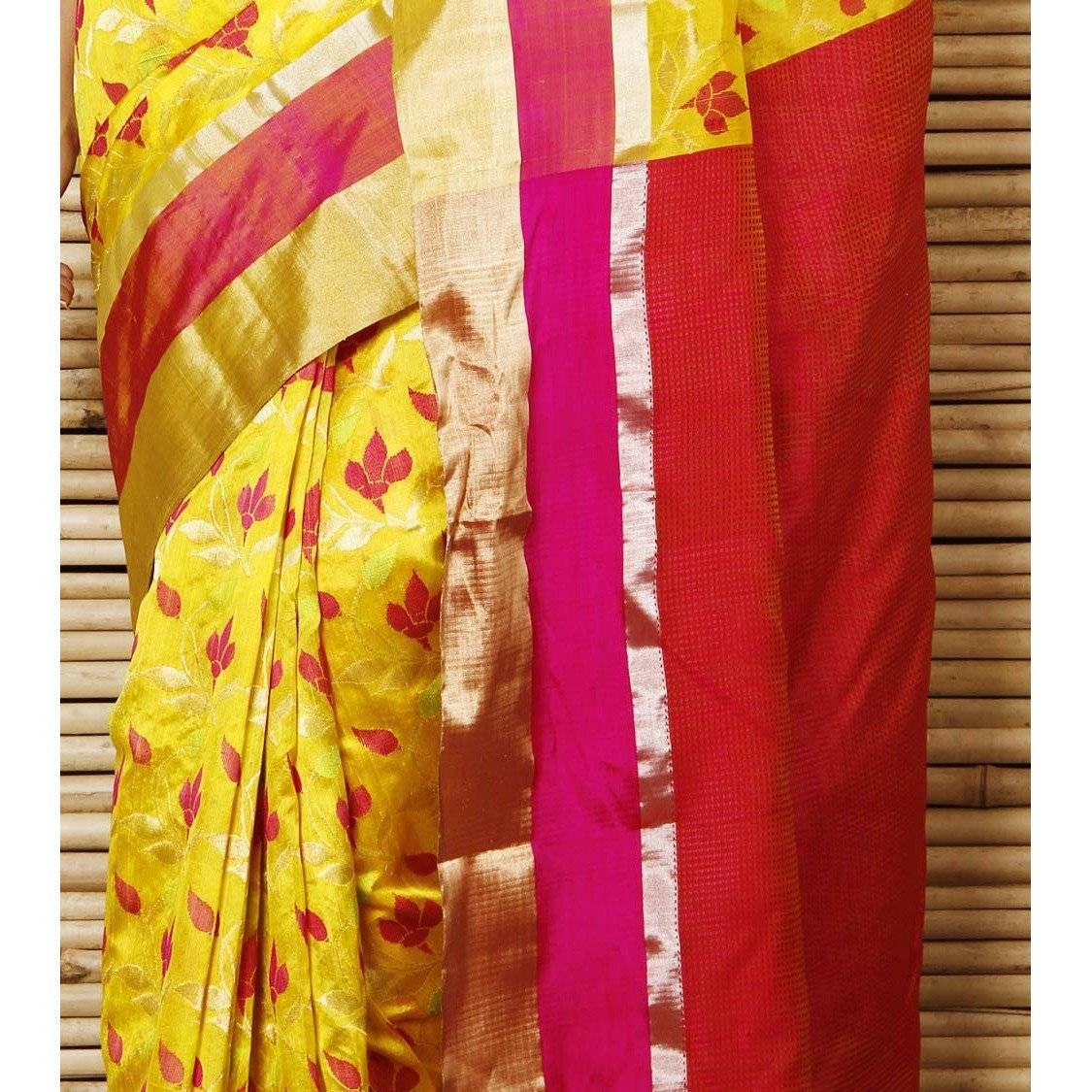 Saree Phool en soie jaune Meena Jaal Chanderi