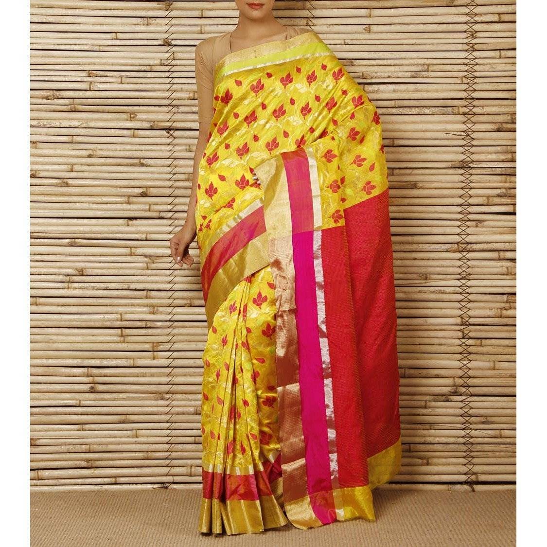 Gelber Phool Meena Jaal Chanderi Saree aus Seide