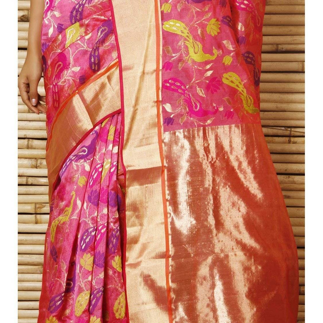 Pink Silk Mor Meena Jaal Chanderi Saree