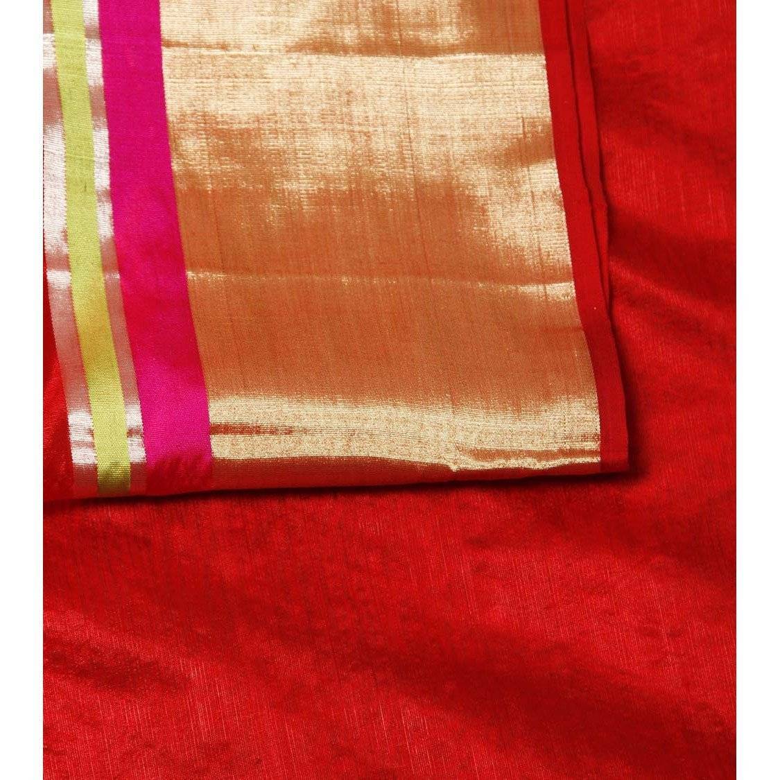 Chanderi-Sari aus roter Seide mit Streifen und Bordüre und Rockmuster