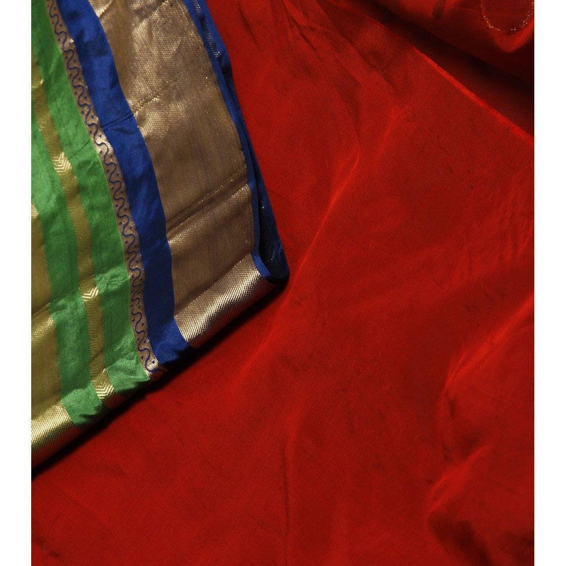 Handwoven Red, Blue and Green Silk Saree