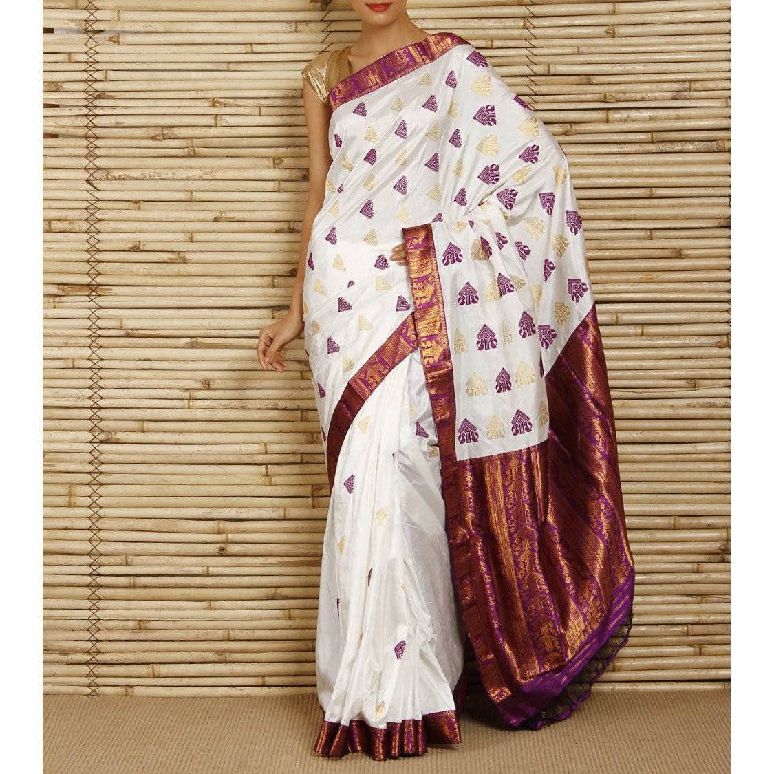 Purple and white Pat Silk saree