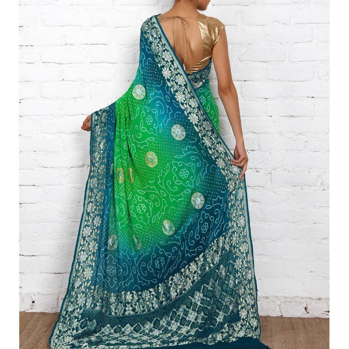 Sari Georgette Bandhej Banarasi bleu et vert