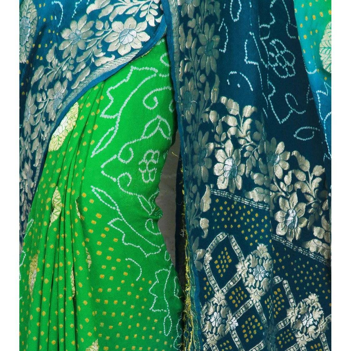 Blauer und grüner Bandhej Banarasi Georgette Saree