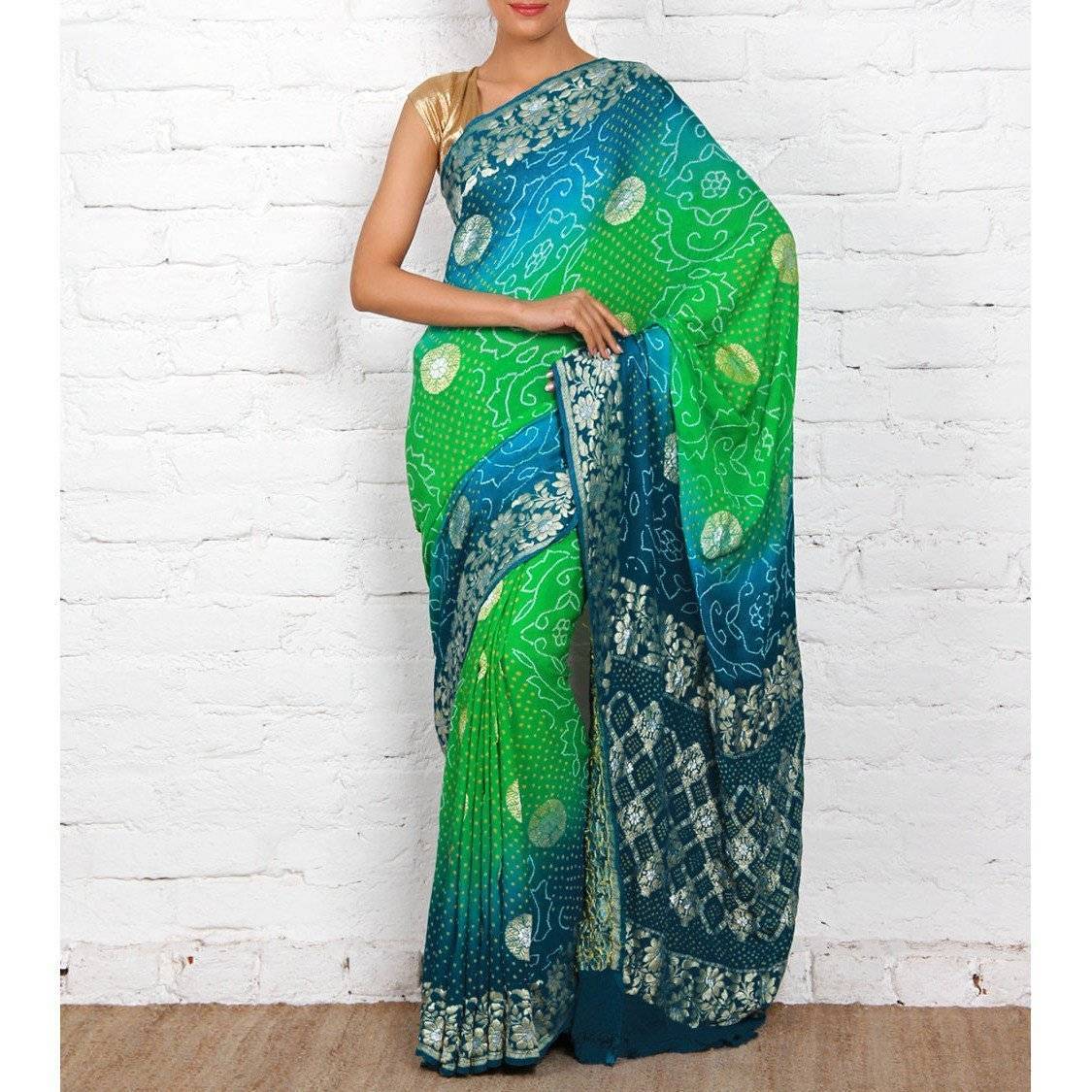 Blauer und grüner Bandhej Banarasi Georgette Saree