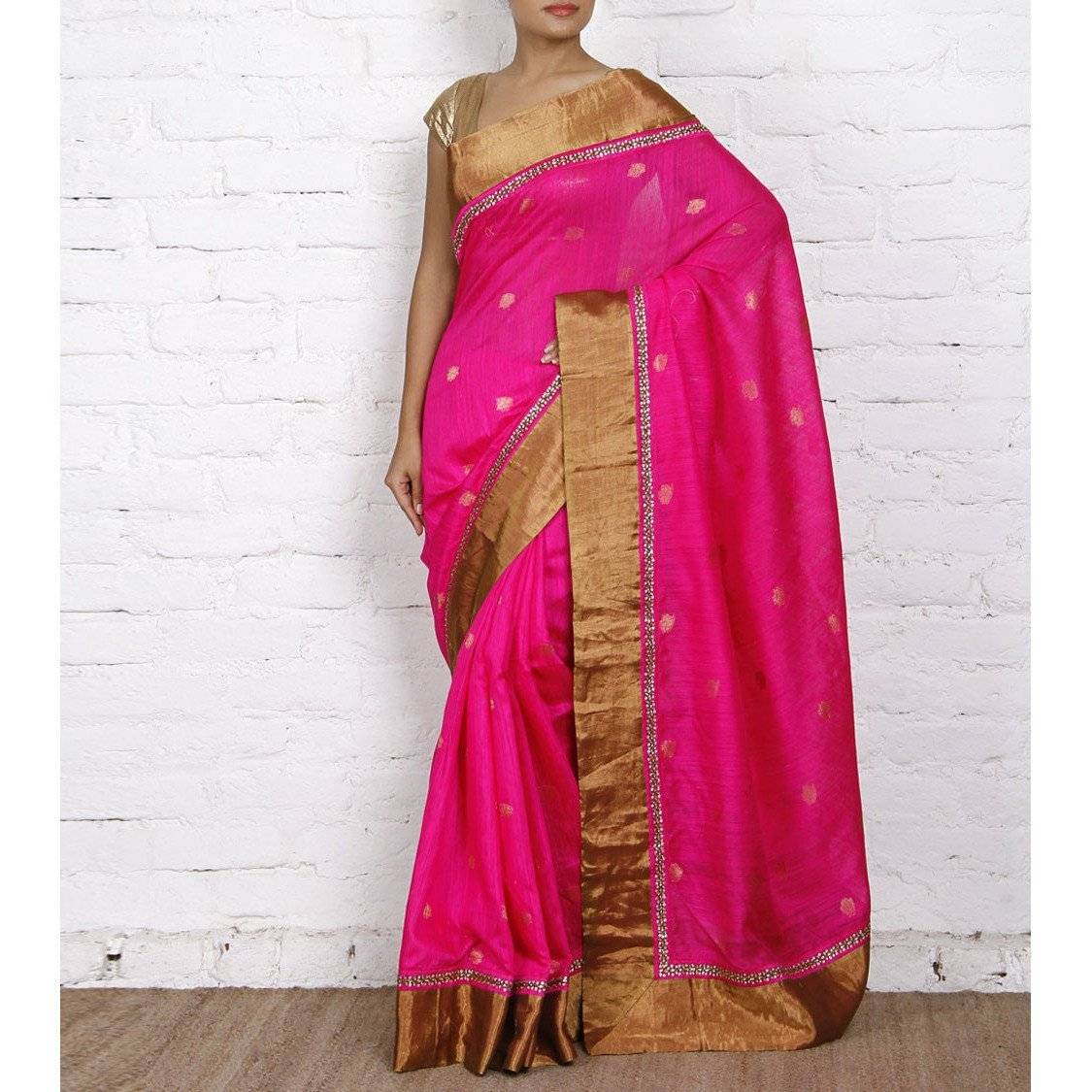 Rosa handgewebte Tussar-Seiden-Saree