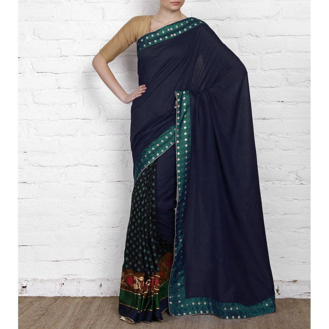 Blue Tussar & Muga Silk Saree with Brocade Patch