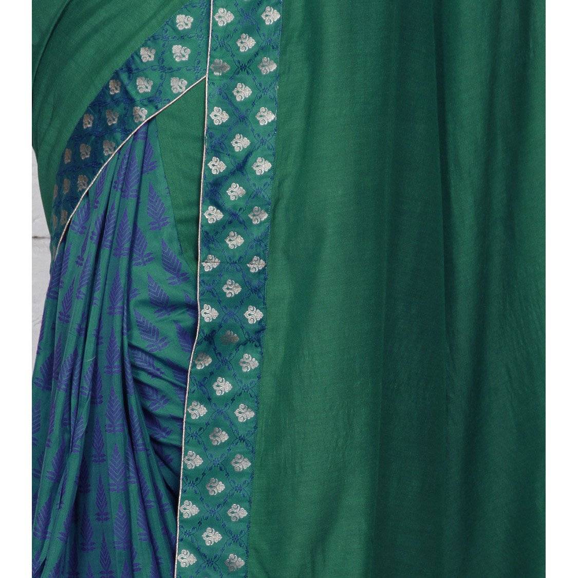 Saree en soie Tussar et Muga vert avec patch en brocart Banarasi