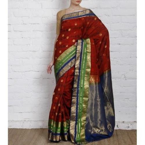 Handwoven Red, Blue and Green Silk Saree