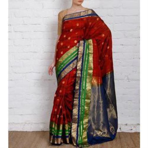 Handwoven Red, Blue and Green Silk Saree