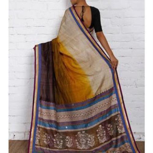 Sari en soie beige et marron foncé