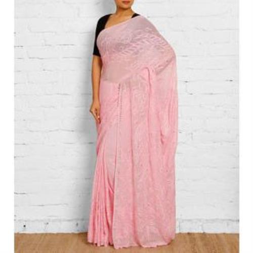 Rosa Georgette-Sari mit Chikankari (100000035317)