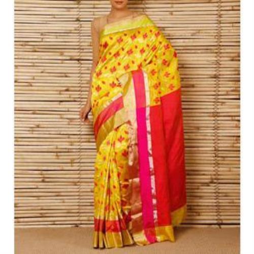 Saree Phool en soie jaune Meena Jaal Chanderi