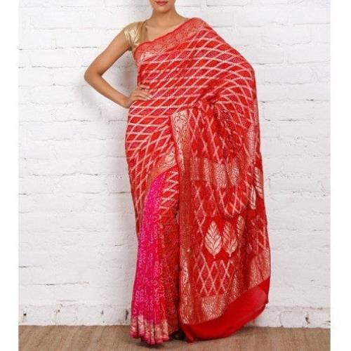 Sari Georgette Bandhej Banarasi rouge