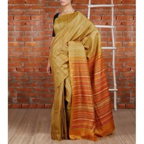 Saree en soie Tussar Ikat moutarde