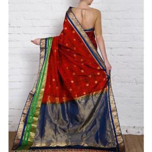 Handwoven Red, Blue and Green Silk Saree