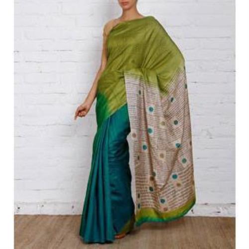 Sari en soie vert et bleu