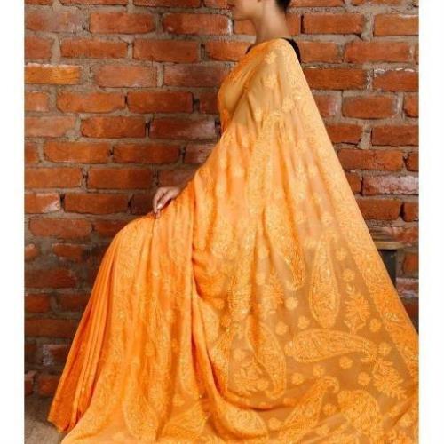 Gelber Georgette-Saree mit Chikankari