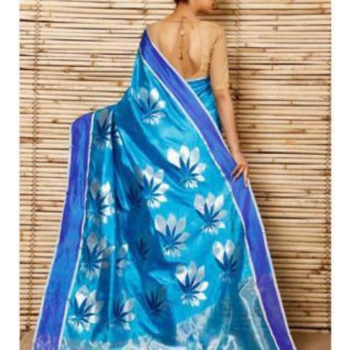 Sari Booti Chanderi en soie turquoise à grandes fleurs