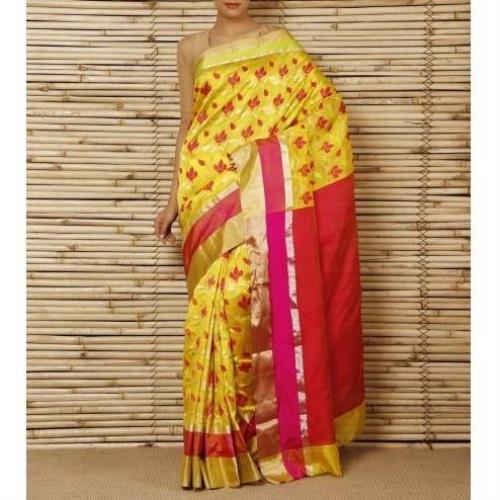 Saree Phool en soie jaune Meena Jaal Chanderi