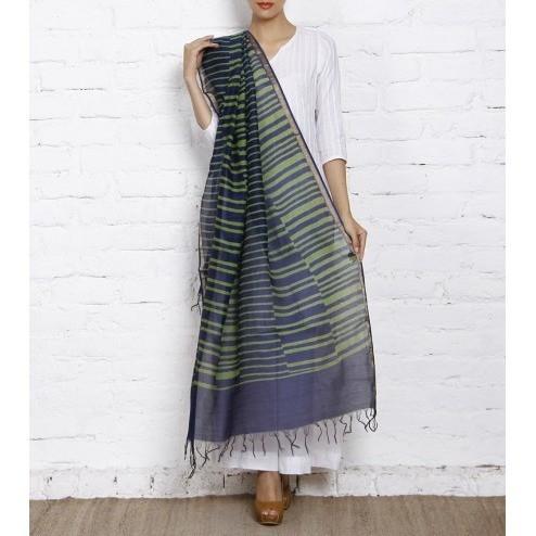 Green & Blue Block Printed Cotton Silk Dupatta