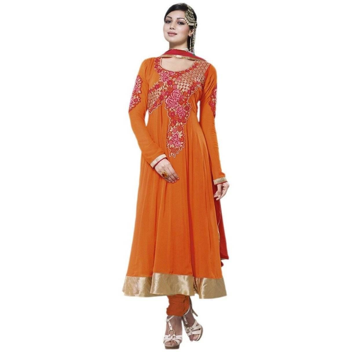 Robe Salwar Kameez en Georgette Orange à demi-point - Sreya705 - Robe par